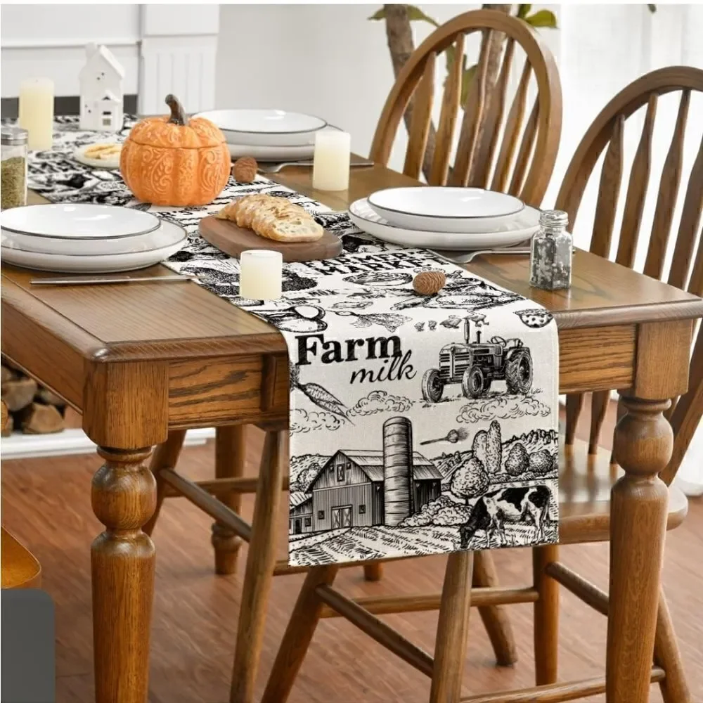 Tractor Milk Farm Table Runner, Cow House Fall Kitchen Dining Table Decoration